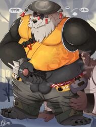 anal anthro asian_clothing asian_conical_hat balls barazoku bear belly ben_bigger biceps bodily_fluids bottomwear bottomwear_down chinese_clothing clothed clothing duo east_asian_clothing erection eyewear facial_scar genitals giant_panda glasses grizzlyear34 hand_on_head hat headgear headwear hi_res male male/male mammal masturbation mihoyo musk musk_clouds neck_tuft oral overweight pan_yin_hu pants pants_down partially_clothed penis rimming rimming_male scar sex sweat tuft vein veiny_penis zenless_zone_zero
