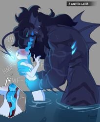 2d 2d_(artwork) anglerfish anglerfish_humanoid anon anthro blue_tongue blushing blushing_profusely dark_blue_body fins fish fish_humanoid hi_res long_tongue oc oral_insertion oral_penetration size_difference suprised suprised_look text tongue_in_mouth tongue_out tremble_spikes water watermark white_body x-ray