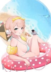 :q alternate_breast_size_(larger) beach bikini bikini_top_only bird bird_on_knee blonde_hair blue_bikini blunt_bangs blush bottomless breasts choco_(shigure_ui_(vtuber)) commentary feet female fingernails food food_on_body food_on_breasts food_on_face g_li green_eyes hair_ornament halterneck hermit_crab highres holding holding_food holding_ice_cream ice_cream ice_cream_cone indie_virtual_youtuber inflatable_armbands innertube java_sparrow knees_up large_breasts looking_at_viewer melting nail_polish no_symbol notebook ocean official_alternate_hairstyle pink_nails pom_pom_(clothes) pom_pom_hair_ornament sandals shigure_ui_(vtuber) shore short_hair side_part solo string_bikini swim_ring swimsuit symbol-only_commentary toes tongue tongue_out unworn_bikini_bottom virtual_youtuber water