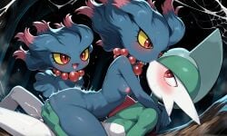 1girls ai_generated anthrofied bluish_green_hair breast dark_blue_hair dark_green_hair eye_contact female gallade ghost ghost_girl haunted_house holding_ass kissing kissing_while_penetrated misdreavus multicolored_hair necklace night nintendo nipples petite petite_body petite_female pink_hair pokemon pokemon_(species) red_eyes red_necklace small_breasts spiderweb yellow_sclera