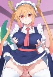 1girls ai_generated blonde_hair breast_grab clothed_sex grabbing_another's_breast grabbing_from_behind kobayashi-san_chi_no_maidragon large_breasts lifted_by_self looking_pleasured maid maid_headdress sex skirt_lift standing_sex tail testicles thighhighs tittyg-ai tohru_(dragon_maid) vaginal_penetration