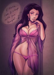 alternate_breast_size asami_sato avatar_the_last_airbender big_breasts black_hair bra cleavage clothing female female_only hourglass_figure human k-y-h-u large_breasts lesbian lingerie long_hair navel negligee panties solo standing the_legend_of_korra thigh_gap yuri