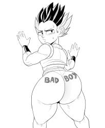 1boy aged_up big_ass big_thighs black_hair blush body_writing detnox dragon_ball femboy fusion gotenks huge_ass huge_thighs looking_back male male_focus male_only no_panties pantless presenting_ass purple_hair saiyan saiyan_male solo solo_focus wall_(structure) yaoi