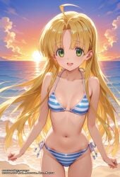 ahoge ai_generated asia_argento bikini blonde_hair female green_eyes hell-pantsu high_school_dxd long_hair small_breasts solo striped_bikini