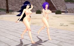 2girls barefoot beach black_hair breasts completely_nude completely_nude_female covering covering_breasts covering_crotch embarrassed_nude_female_unashamed_female female female_only lady_nagant long_hair midnight_(my_hero_academia) my_hero_academia navel nipples nude nude_female purple_hair retropunch short_hair