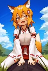 ai_generated animal_ears apron bare_thighs blonde_hair blushing blushing_at_viewer blushing_female clothed clothing fang fangs field fluffy_ears fluffy_tail fox_ears fox_girl fox_tail hair_ornament kitsune kneeling looking_at_viewer miko_outfit on_knees on_top open_mouth open_smile outdoors senko_(sewayaki_kitsune_no_senko-san) sewayaki_kitsune_no_senko-san short_hair short_skirt shrine_maiden sitting sitting_on_person skirt smile smiling smiling_at_viewer straddling thighhighs yellow_eyes yellow_hair