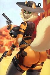 2:3 absurd_res anthro arcanine cowboy digital_media_(artwork) emarcanine female generation_1_pokemon gun hi_res holding_object holding_ranged_weapon holding_weapon looking_at_viewer ninkasi nintendo pokemon pokemon_(species) ranged_weapon revolvers sheriff shootouts smile solo standing tail thick_thighs weapon wild_west