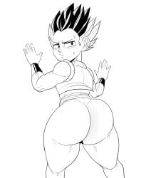 1boy aged_up big_ass big_thighs black_hair blush detnox dragon_ball femboy fusion gotenks huge_ass huge_thighs looking_back male male_focus male_only no_panties pantless presenting_ass purple_hair saiyan saiyan_male solo solo_focus wall_(structure) yaoi