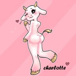 1girls 2d anthro anthro_only areolae ass bovine breasts bunny_maloney charlotte_(bunny_maloney) cow_horns cowgirl digital_media female female_focus female_only furry furry_focus looking_at_viewer looking_back nipples nude perky_nipples simple_background smile smiling solo standing