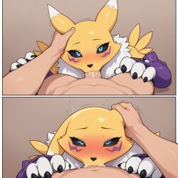 1boy 1girls ai_generated anthro blowjob cumming deepthroat digimon female furry hi_res highres human_on_anthro renamon scp980