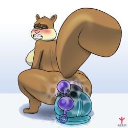 1:1 anal anal_insertion anthro avioylin blush breasts brown_body brown_fur clenched_teeth dildo dildo_sitting female fluffy fluffy_tail fur impossible_fit large_insertion mammal nickelodeon nude penetration rear_view ridiculous_fit rodent sandy_cheeks sciurid sex_toy side_boob simple_background solo spongebob_squarepants squinted_eyes tail teeth tree_squirrel white_background