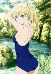 adjusting_hair aiz_wallenstein armpit_crease arms_up ass back bare_arms bare_legs bare_shoulders bare_thighs blonde_hair breasts dungeon_ni_deai_wo_motomeru_no_wa_machigatteiru_darou_ka hand_in_own_hair hiyamizu_yukie long_hair medium_breasts official_art one-piece_swimsuit outdoors shoulder_blades sideboob swimsuit thighs tying_hair wading water yellow_eyes