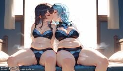 2girls ai_generated amber_(genshin_impact) bra chubby chubby_female eula_(genshin_impact) hell-pantsu kissing lesbian_kiss medium_breasts medium_hair pantsu yuri