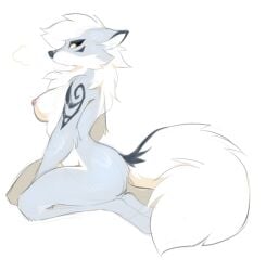 2022 anthro black_nose breasts canid canine canis female fluffy fluffy_tail fur grey_body grey_ears grey_fur hair hioshiru mammal solo tail white_body white_fur white_hair white_tail wolf yellow_eyes