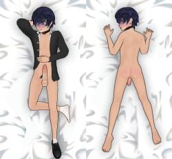 blush body_pillow embarrassed lying lying_on_back lying_on_bed lying_on_stomach male male_focus shin_higaku yandere_simulator