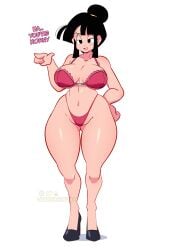 1girls black_eyes black_hair breasts chichi dragon_ball dragon_ball_z english_text female female_focus female_only high_heels large_breasts light-skinned_female light_skin lunaexhabbitix solo text thighs wide_hips