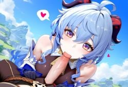 aether_(genshin_impact) ai_generated blowjob blue_hair clothed ganyu_(genshin_impact) genshin_impact heart heart mountain outside pov