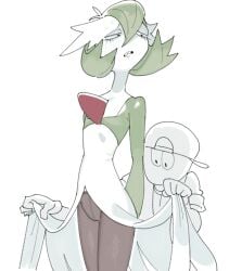 disgusted flat_chest gardevoir leggings lifting_skirt nervous_face nervous_sweat pokemon tights