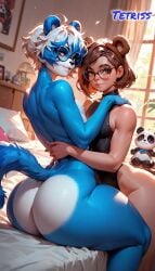 2boys 2femboys 4_ears ai_generated animal_ears animal_humanoid anthro back_view bed big_areola big_ass big_butt big_thighs black_clothing blue blue_fur blue_hair brown_hair clothed_human cuddling femboy_only glasses hand_on_back hand_on_shoulder hug hugging human humanoid latex latex_clothing latex_suit looking_at_viewer looking_back nude nude_anthro on_bed panda panda_ears pov short_hair smiling smiling_at_viewer tail tetriss valo_(tetriss) veny_(tetriss) white_fur