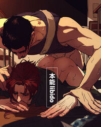 2boys anal black_hair earrings emg_(christain) from_behind gakuran gay human joestar_birthmark jojo's_bizarre_adventure jotaro_kujo male male_only multiple_boys multiple_males noriaki_kakyoin red_hair sex stardust_crusaders undressing yaoi