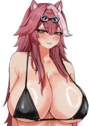 animal_ears arm_at_side bare_shoulders bikini black_bikini blush breasts cleavage collarbone disgust female goggles goggles_on_head hair_intakes highres hololive hololive_english huge_breasts long_hair looking_at_viewer multicolored_hair panther_ears panther_girl parted_lips pingun pink_hair pink_lips raora_panthera shiny_skin simple_background solo streaked_hair sweat swimsuit two-tone_hair upper_body virtual_youtuber white_background yellow_eyes