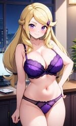 ace_trainer_(pokemon) ace_trainer_(pokemon_xy) ai ai_generated astrid_(pokemon) blonde_female blonde_hair blonde_hair_female bra game_freak hair_clip hair_ornament long_blonde_hair long_hair looking_at_viewer nintendo panties pixai pokemon_xy purple_bra purple_hair purple_panties purple_underwear smile smiling smiling_at_viewer underwear yellow_hair