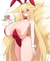 animal_ear_fluff animal_ears areola_slip blonde_hair blush closed_mouth cowboy_shot cup curvy detached_collar fake_animal_ears fake_tail female fox_ears fox_girl fox_tail highres hirume_of_heavenly_incense holding holding_tray huge_areolae itntn kitsune kyuubi last_origin leotard looking_at_viewer multiple_tails playboy_bunny rabbit_ears rabbit_tail shiny_skin solo standing tail thick_thighs thighs tray white_background wide_hips wrist_cuffs yellow_eyes