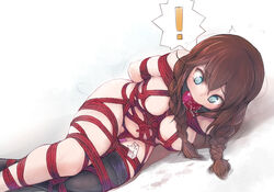 ! ball_gag blue_eyes bondage braid breasts brown_hair crotch_rope detached_sleeves female gag gagged kantai_collection long_hair lying morisova noshiro_(kantai_collection) on_side pubic_hair remote_control_vibrator rope rope_bondage solo tied_hair tied_up twin_braids vibrator