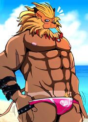 1boy abs anthro balls barbs beach bearlovestiger13 biceps big_muscles blue_eyes blush bulge clothing colored dessert digimon ear_piercing feline food fur ice_cream leomon lion looking_at_viewer male male_only mammal mane muscular muscular_male nipples outside pecs penis piercing popsicle pubes sand seaside simple_background solo standing straps strong swimsuit thong undressing