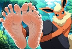 ai_generated anthro background barefoot black_eyes black_toenails eeveelution eye_contact feet feet_focus feet_together flareon foot_fetish forest fuealahomg furry high_resolution leggings nature nature_background orange_fur pokemon pokemon_(creature) pokemon_(species) pov pov_eye_contact sitting soles solo solo_focus toenails toes wrinkled_soles