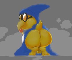 anthro ass backsack balls bastardpalace big_butt clothing eyewear genitals glasses hat headgear headwear hi_res huge_butt kamek koopa looking_at_viewer looking_back male mario_(series) nintendo robe robe_lift scalie solo wand wizard_hat yellow_body