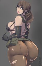 1girls ass back_view belt big_ass bikini breasts brown_hair dat_ass elbow_gloves female female_only gloves green_eyes huge_ass konami large_ass large_breasts live_for_the_funk looking_back metal_gear_solid metal_gear_solid_v pantyhose ponytail quiet_(metal_gear) sideboob solo standing straps thick_thighs thong thunder_thighs tied_hair torn_pantyhose