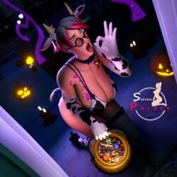 asking_for_it asking_for_sex callisto_(fortnite) candle candles candy cow_ears cow_girl cow_horns cow_tail door door_open doorframe fortnite green_eyes halloween halloween_costume handjob jack-o'-lantern lingerie looking_at_viewer pink_hair pumpkin sorrenpalace street tattoo tattoos