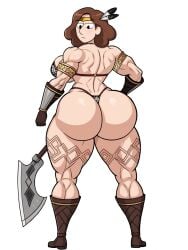 1girl ai_assisted ai_generated amazon amazon_(dragon's_crown)_(cosplay) amazonian axe backwards big_ass big_boobs big_breasts big_butt black_eyes boots bra brown_hair cosplay dumptruck_ass gloves hilda_(series) huge_ass huge_butt johanna_(hilda) mature_female medium_hair milf muscular muscular_ass muscular_female muscular_thighs netflix pointer_warrior_ai semi_nude tattoo_on_legs thick_ass thick_thighs thong transparent_background