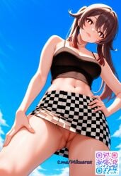 ai_generated brown_eyes brown_hair hu_tao_(genshin_impact) lips mini_bra no_panties pussy skirt