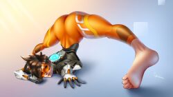 1girls ass barefoot big_ass brown_hair bubble_butt cyberlivion doggy_style feet jack-o_pose orange-tinted_eyewear overwatch thick thick_ass thick_thighs thighs tinted_eyewear tracer visor