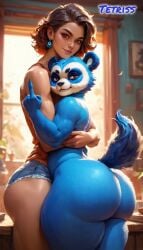 2boys ai_generated animal_ears animal_humanoid big_areola big_ass big_butt blue_fur brown_hair clothed_human clothed_male femboy hand_on_back head_on_chest hug hugging human humanoid jean_shorts larger_human larger_male looking_at_viewer middle_finger panda panda_ears pink_clothing shorts smaller_anthro smaller_female tail tetriss veny_(tetriss) white_fur