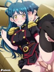 1girls ai_generated anime azuma_himari_(mato_seihei_no_slave) blue_hair breasts clothed_sex large_breasts mato_seihei_no_slave mforcia patreon_logo patreon_username sex uncensored vagina vaginal_penetration vaginal_sex watermark yellow_eyes