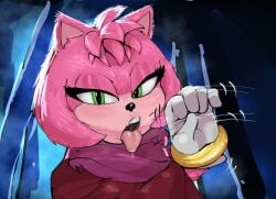 1girls amy_rose amy_rose_(sonic_movie) anthro anthro_only armwear bedroom_eyes blush blush_lines blushing bracelet bracelets fellatio_gesture female female_focus female_only fur gesture gesturing_at_viewer gloves green_eyes guillion_(toshkarts) half-closed_eyes handjob_gesture hedgehog hedgehog_humanoid hi_res high_resolution highres narrowed_eyes open_mouth original_film paramount_pictures pink_fur pink_hair saliva saliva_drip saliva_on_tongue scarf seductive seductive_look seductive_smile sega sensual solo solo_female solo_focus sonic_(series) sonic_the_hedgehog_(film) sonic_the_hedgehog_(series) sonic_the_hedgehog_3_(film) suggestive suggestive_gesture suggestive_look tongue tongue_out white_gloves