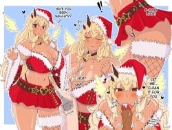 1boy 1girls bare_shoulders barghest_(fate) barghest_(gawain)_(fate) bedivere_(fate) bell_and_collar belt black_belt black_choker black_panties blonde_hair blush blush_lines boobjob breasts_bigger_than_head choker choker_bell christmas christmas_clothing christmas_headwear christmas_outfit cleavage closed_eyes clothed clothed_female clothed_female_nude_male clothed_paizuri clothing cock collar_and_bell cum cum_on_breasts cum_on_penis cumming cumming_from_paizuri cumming_on_breasts dick english english_text fate/grand_order fate_(series) female fishnet fishnet_legwear fishnet_stockings gat0w huge_breasts licking licking_cum licking_penis light-skinned_male light_skin light_skinned_male long_hair male metal_arm midriff navel nude nude_male nude_male_clothed_female paizuri paizuri_lead_by_female panties peace_sign penis red_skirt red_top santa_hat skirt smile smiling string_panties suzuka_gozen_(santa)_(fate)_(cosplay) suzuka_gozen_(santa)_(fate)_(cosplay) tan-skinned_female tan_body tan_skin tanned tanned-skinned_female tanned_female tanned_skin text thick_thighs wide_hips