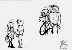 1boy 1girls bear bee_girl black_and_white bulge bulge_through_clothing denkrill dolly's_factory erect_penis erection erection_under_underwear friesareyum koda_(dolly's_factory) larger_male leaking_precum non-human queenie_(dolly's_factory) roblox roblox_game rubbing_bulge self_upload simple_shading straight touching_penis uncolored