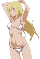 accurate_art_style aiz_wallenstein armpits arms_up ass_visible_through_thighs bare_arms bare_belly bare_legs bare_shoulders bare_thighs belly_button bikini blonde_hair blush body_blush breasts cleavage collarbone dungeon_ni_deai_wo_motomeru_no_wa_machigatteiru_darou_ka groin long_hair medium_breasts micro_bikini parted_lips shiny_skin shou937 sideboob thighs underboob white_bikini yellow_eyes