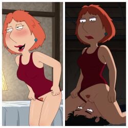 ai_assisted ai_generated before_and_after facesitting family_guy female female_on_top femdom ginger ginger_hair in_the_dark lights_off lois_griffin milf panties_aside pussy red_one-piece_swimsuit revealing_pussy sniffing_pussy two_panel_image