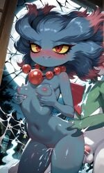 1girls ai_generated anthrofied bluish_green_hair boobs_out breast breast_jiggle breast_press breast_squeeze cum dark_blue_hair dark_green_hair doggy_style female gallade ghost_girl haunted_house holding_ass holding_breast misdreavus moon moonlight multicolored_hair necklace night nintendo nipples petite petite_body petite_female pink_hair pokemon pokemon_(species) red_eyes red_necklace small_breasts spiderweb standing_doggy_style standing_sex yellow_sclera