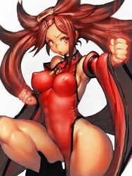 1girls breasts brown_eyes brown_hair dress female female_only fumio_(rsqkr) guilty_gear kuradoberi_jam large_breasts long_hair sleeves solo tight_clothes