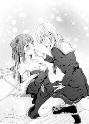 2girls absurdres bra breasts bulge cerise_bouquet cleavage clothes_pull commentary_request crossed_bangs cum cum_in_clothes cum_through_clothes double_strap_slip dress dress_pull drooling erection erection_under_clothes flower futa_with_female futanari greyscale hair_bun hair_flower hair_ornament hasu_no_sora_school_uniform highres hinoshita_kaho large_breasts link!_like!_love_live! long_hair long_sleeves looking_at_another love_live! medium_dress medium_hair monochrome multiple_girls neckerchief on_bed otomune_kozue pleated_dress profile rabbit_hair_ornament sailor_collar sailor_dress saliva school_uniform side_ponytail sidelocks signature single_side_bun suito tassel tassel_hair_ornament twitter_username two_side_up underwear virtual_youtuber winter_uniform yuri