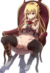 armchair bat_wings black_legwear blonde_hair censored chair cute_fang dakunesu dress dress_lift female flower frilled_dress frills granblue_fantasy head_wings highres long_hair pointy_ears pussy red_eyes rose simple_background sitting smile solo vania_(granblue_fantasy) white_background wings