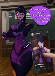 1girls 3d airachnid big_breasts black_hair breasts busty curvaceous curvy curvy_body curvy_female curvy_figure glasses hasbro magenta_eyes phone provocative purple_body robot robot_girl robot_humanoid speech_bubble teacher thick_thighs transformers transformers_prime