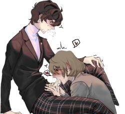 2boys akira_kurusu black_hair blowjob blush brown_hair color drooling fully_clothed gay goro_akechi heart looking_at_partner male/male penis persona persona_5 red_eyes ren_amamiya white_background