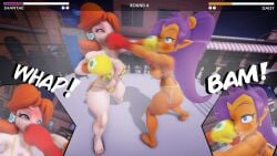 2girls 3d big_breasts bikini blue_eyes boxing boxing_gloves boxing_ring breasts brown_hair bruise bruised bruises catfight cross_counter crossover female_focus female_only fight fighting fighting_ring gameplay_mechanics health_bar huge_breasts large_breasts long_hair mario_(series) ponytail princess_daisy punch punching punching_face purple_hair ryona shantae shantae_(character) short_hair thick thick_thighs thighs ultimabox